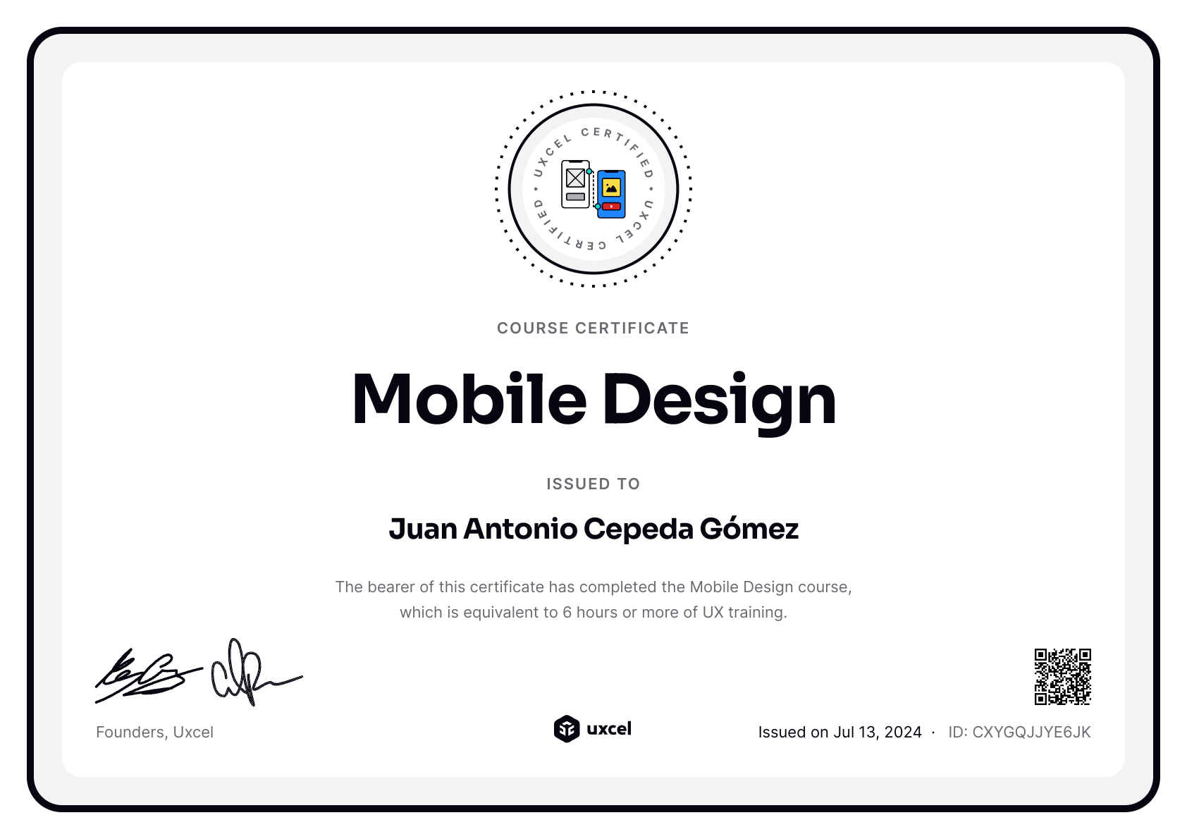 Juan Antonio Cepeda Gómez's certificate